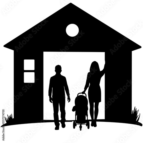 Silhouette of family entering house with stroller, new home discovery