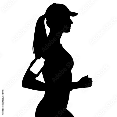 Silhouette of woman jogging with armband, fitness endurance support