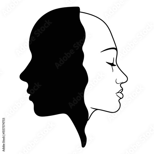 Silhouette of face outline transforming from rough to smooth, black and white