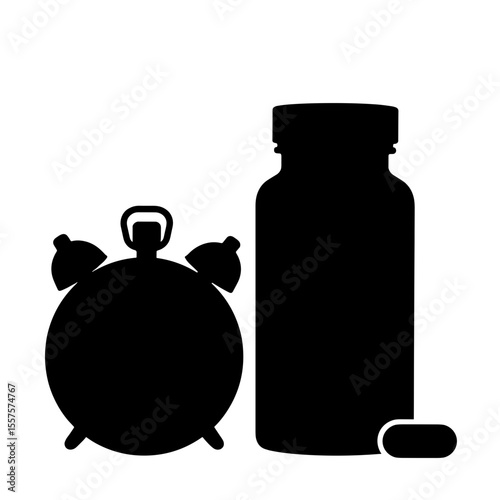 Silhouette of stopwatch and pill bottle, timed nutrition and supplementation