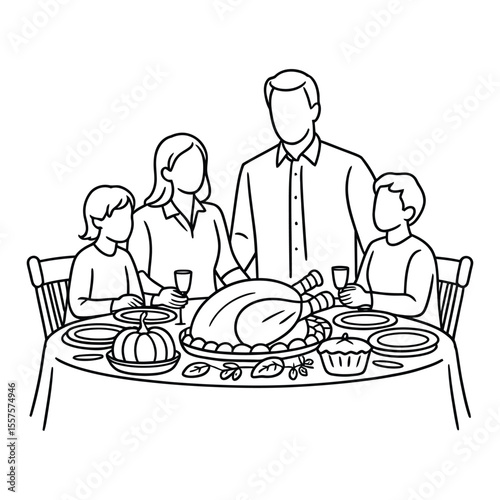 Thanksgiving Dinner Scene Icon, Vector, Illustration, Outline, Line Art, Silhouette, Logo, White Background.