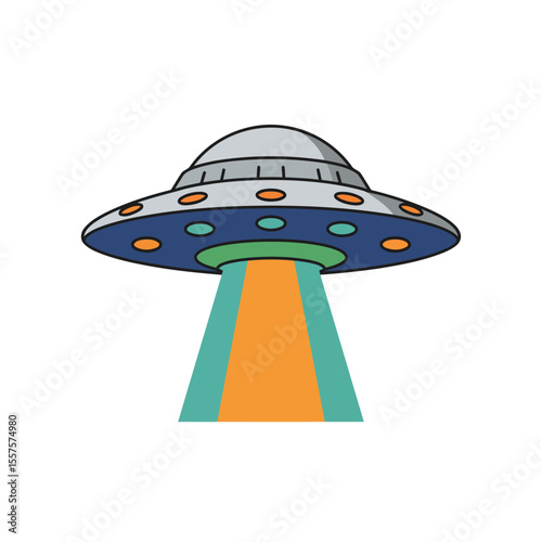 A classic flying saucer with a colorful light beam