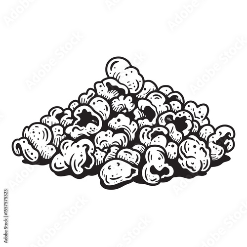 A black and white vintage art silhouette illustration depicting a delicious pile of popcorn perfect for cinema and snack related designs