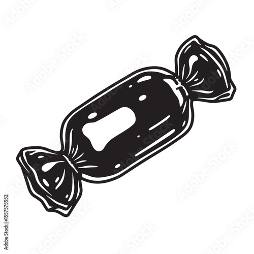 A classic black and white vintage art silhouette illustration of a wrapped candy sweet treat with a retro style