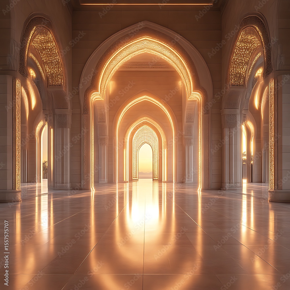 Fototapeta premium Grand, illuminated mosque hall. Golden arches, peaceful ambiance
