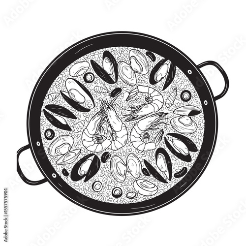 A delicious illustration of traditional spanish seafood paella in a vintage art silhouette black and white style.