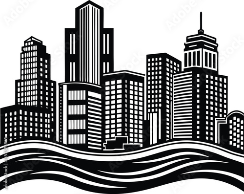 Abstract urban city skyline vector illustration with buildings and skyscrapers at night, sky line vector, night city, architecture art