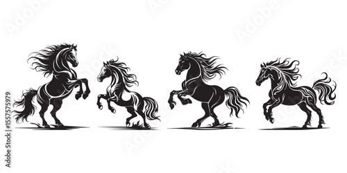 collection of vector illustrations of horse silhouettes posing gallantly standing