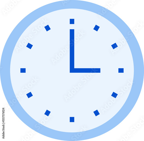 Illustration of a light blue clock face with dark blue hands indicating three o'clock time