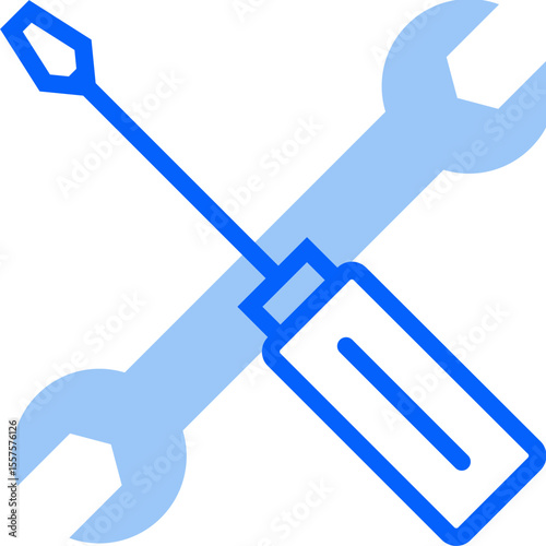 Illustration of a light blue wrench crossed with a blue screwdriver on a white background