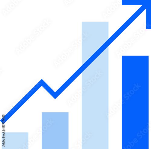 Blue arrow trending upwards across a bar graph with varying bar heights on a white background