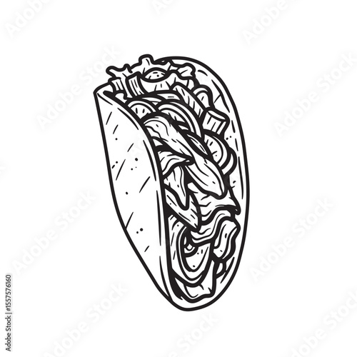 A delightful hand drawn illustration of a delicious taco bursting with fresh ingredients in a minimalist vintage art silhouette style.