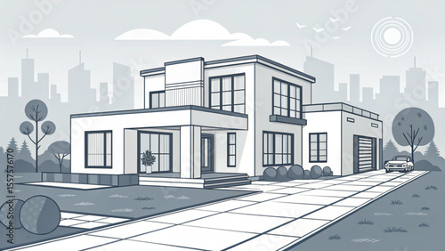 Modern house illustration with a driveway, car, trees, and a city skyline in the background.