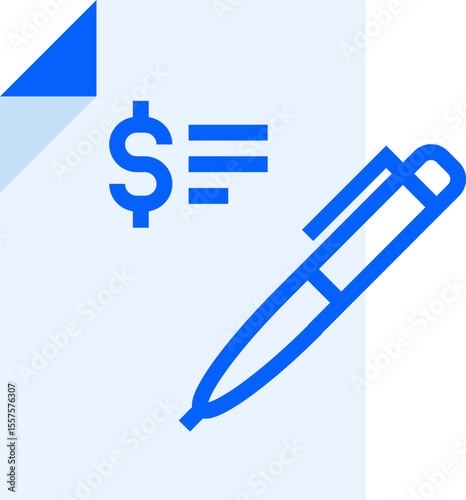 Illustration of a document with a dollar sign and horizontal lines next to a pen in blue color