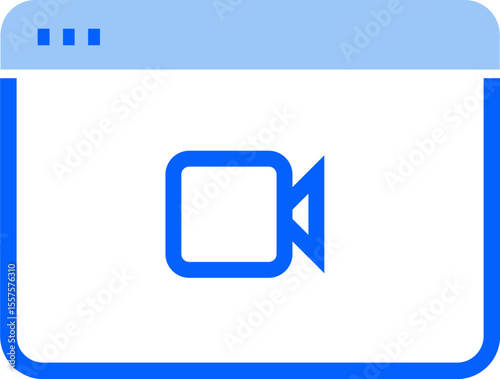 Illustration of a video camera icon inside a blue and white window interface application frame