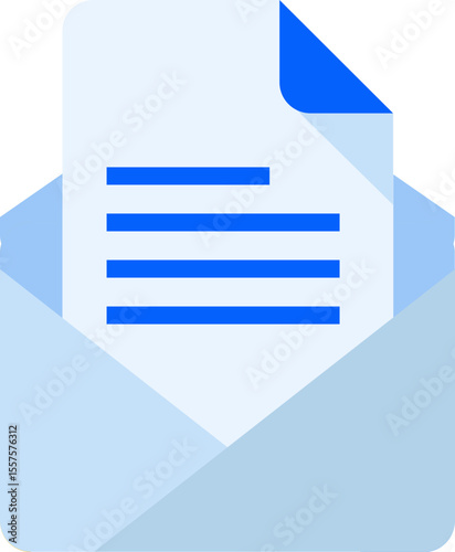 A stylized illustration of an open light blue envelope containing a document with blue lines