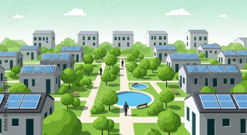 An illustration of a sustainable community with solar panels and green spaces.