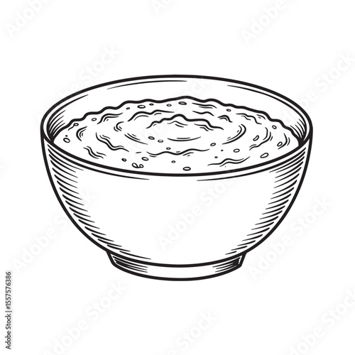 A detailed vintage art silhouette illustration of a bowl filled with creamy oatmeal or porridge perfect for a healthy breakfast or brunch.