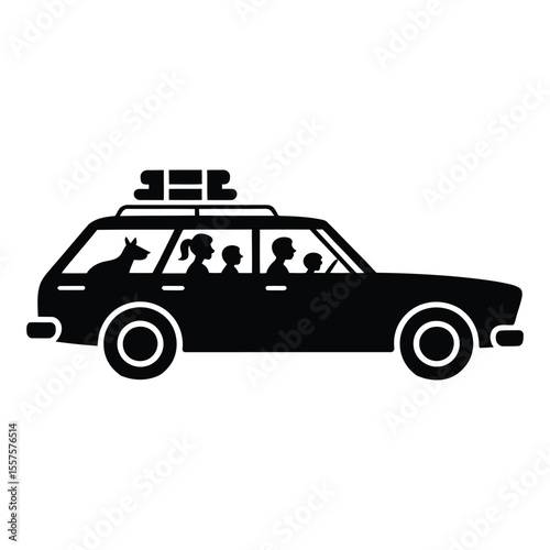 Family in Car Road Trip Icon, Vector, Illustration, Outline, Line Art, Silhouette, Logo, White Background.