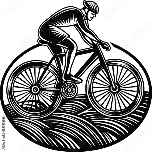 Red vintage motorbike with isolated black silhouette of a biker in motion on the road, isolated, contrast, dynamic, traveling