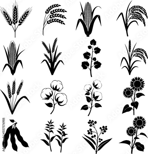 Agriculture Crops and Plants Black Silhouette Icon Set