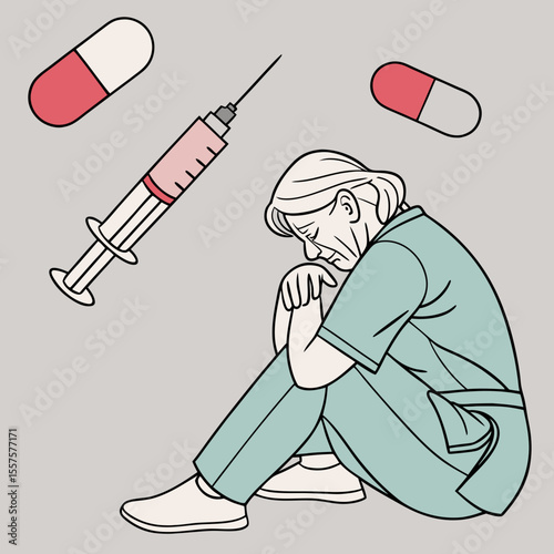 Elderly Woman in Pain Surrounded by Medical Syringe and Pills – Minimalist Healthcare Illustration

