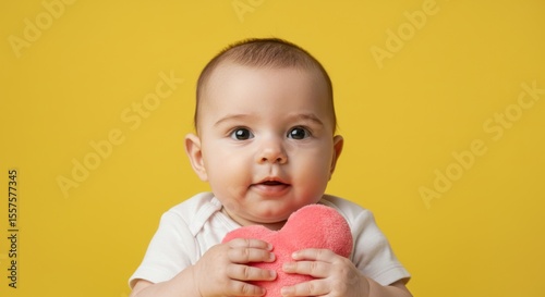 A happy baby smiles, holding a red heart-shaped object against yellow background.