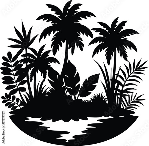 Tropical island oasis with palm trees and lush foliage silhouette