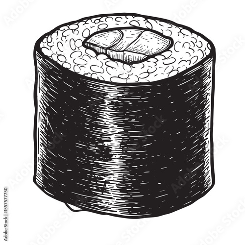 Artistic vintage art silhouette of a maki sushi roll depicting japanese cuisine delicacy featuring fresh ingredients in monochrome