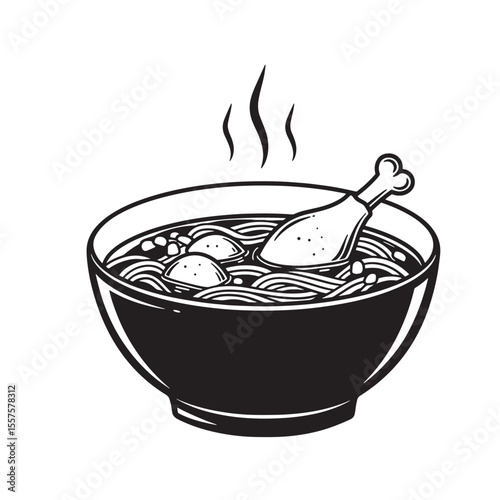 Delicious bowl of hot chicken soup featuring chicken leg and meatballs in a warm steaming bowl of broth vintage art silhouette.