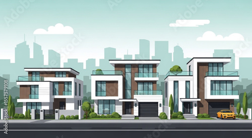 Modern suburban homes line a city street, showcasing sleek architecture and luxurious design against a cityscape backdrop.