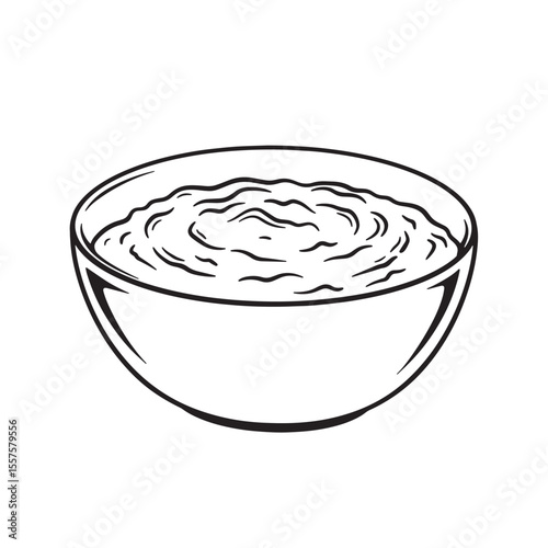 Detailed black and white illustration of a bowl filled with creamy oatmeal or porridge a classic vintage art silhouette
