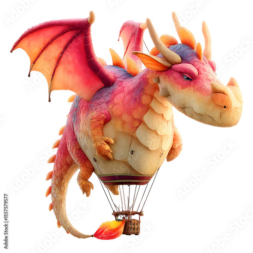 A dragon-themed balloon with scales and a fiery tail, isolated on a white background