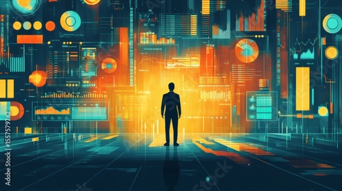 A person stands before a large digital display showing various charts and graphs, representing data analysis and business intelligence.