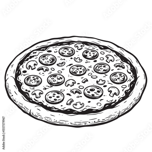 Detailed vintage illustration of a delicious pizza featuring mushrooms and pepperoni toppings presented as a captivating vintage art silhouette.