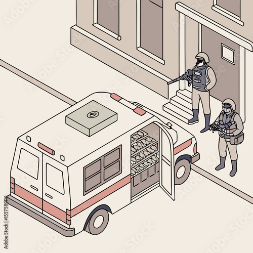 Armed police officers approaching an ambulance in urban setting  