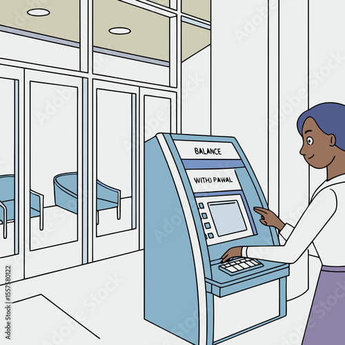 Woman using ATM to check balance in modern indoor setting  