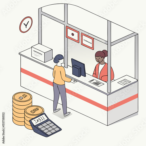 Man exchanging currency at bank counter with calculator nearby  