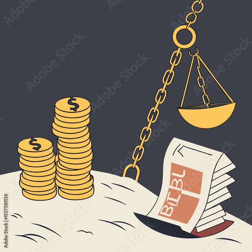 Cartoon scale balancing money and bills on dark background  