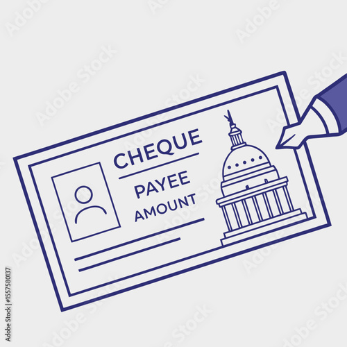 Illustration of a cheque being filled out with government building design  