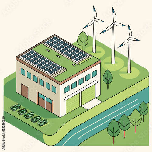 Eco-friendly factory with solar panels and wind turbines in landscape  