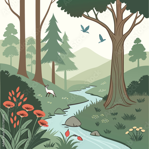 Serene forest landscape with river, trees, and colorful flowers  