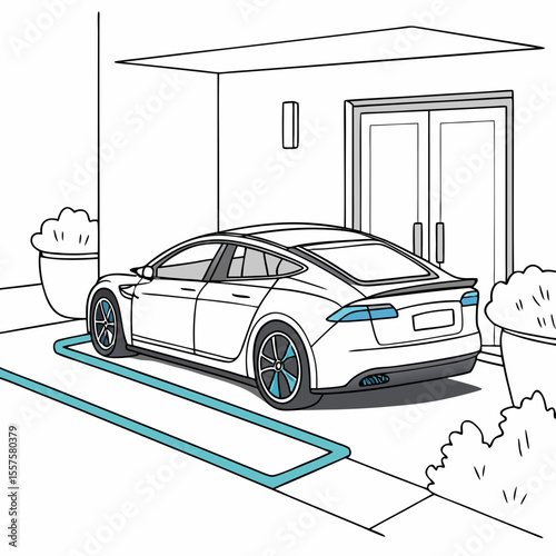 Electric car charging on driveway in modern residential environment  