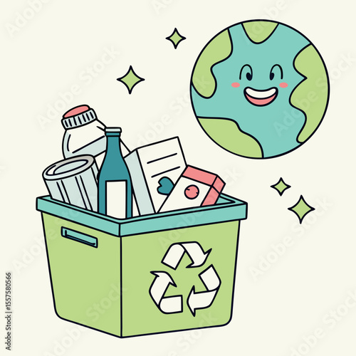 Recycling bin filled with bottles and papers next to smiling Earth  