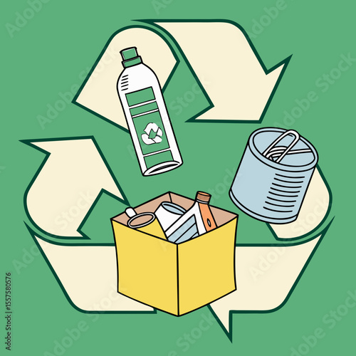 Recycling symbol with various recyclable materials on green background  