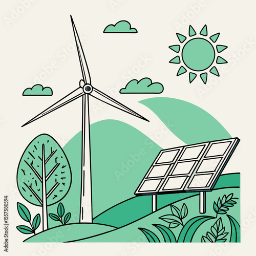Renewable energy landscape with wind turbine and solar panels  
