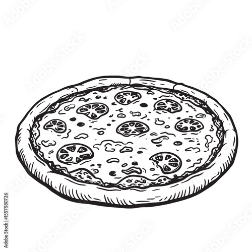 Hand drawn vintage art silhouette of a delicious pizza topped with tomatoes and cheese illustrated in black and white