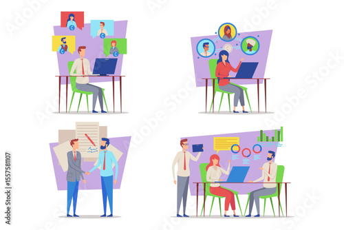 Professionals engaged in discussions and data analysis in vibrant office setting. People collaborating on projects while utilizing technology and sharing insights to drive success