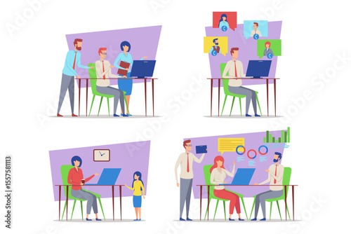 Group of professionals engaged in various activities in contemporary office environment. Teamwork, discussion, and virtual communication throughout workday concept