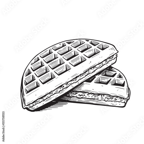 Hand drawn vintage art silhouette of two delicious belgian waffles stacked depicting a sweet breakfast treat dessert food design